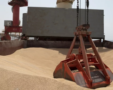 Wheat grain is seen on the MV Brave Commander